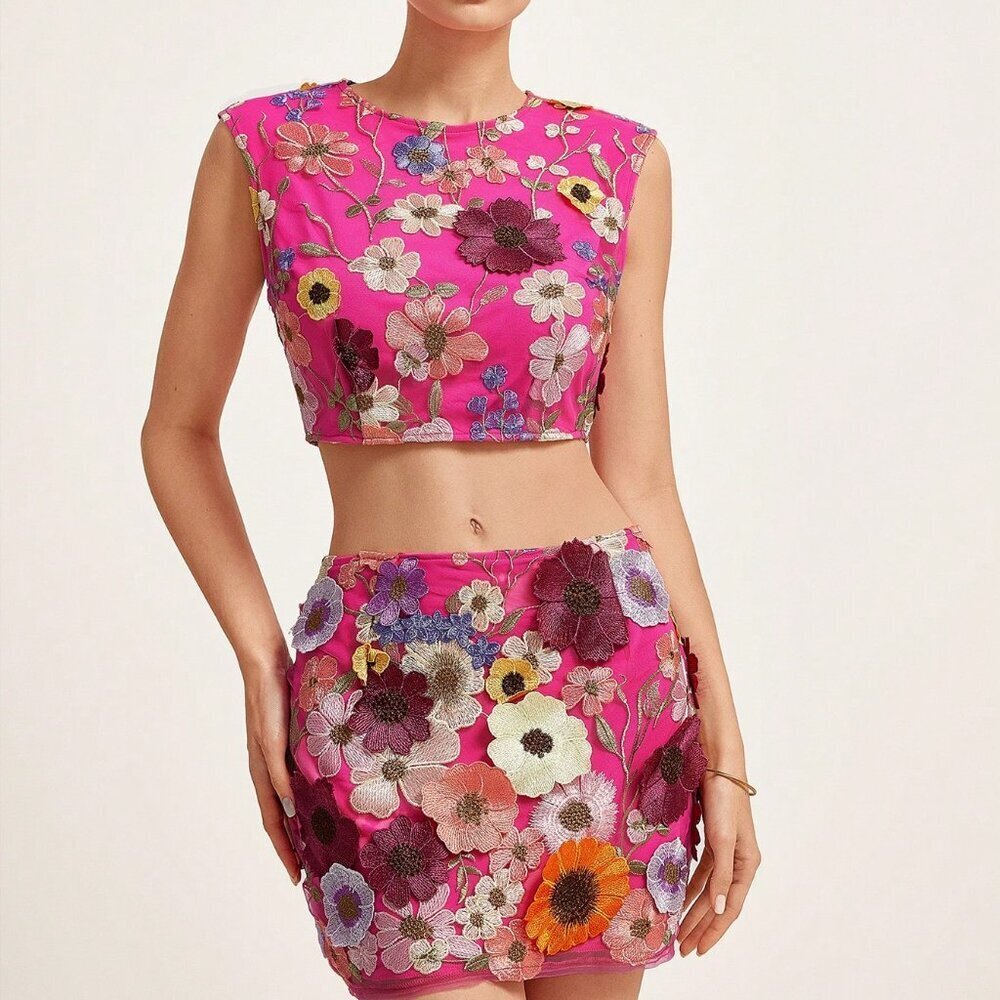Boho Pink Women's Embroidered Floral Top Set - Picture 4 of 6